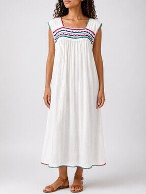 Carolina K Mexico Hand Embroidered Midi Dress White Resort Boho Summer Kaftan